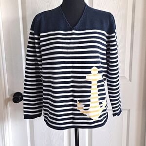 Vintage Anchor Nautical Striped V-Neck Oversized Petite Cotton Knit Sweater